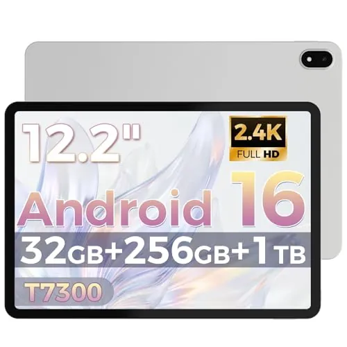RebotAi Tablet 12 Pulgadas Android 16, 32GB RAM+256GB ROM, T7300 Octa-Core, 10000 mAh, 2400 * 1600IPS 2.4K,90Hz, Widevine L1, IP54,Tableta with Aguja，Estuche Negro