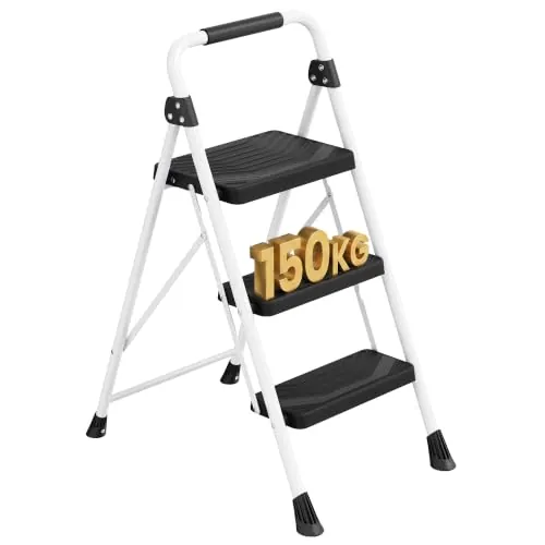 SONGMICS Escalera Plegable 3 Peldaños, Steel Folding Ladder Antideslizante,