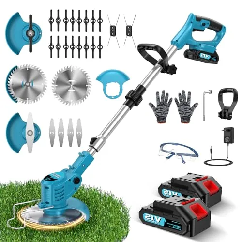 Desbrozadora a Bateria, Desbrozadora Electrica 500W 2 Baterías 2000 mAh 21V, 4 Tipos de Cuchillas, Mango Tubo Ajustables, Cabezal Giratorio de 90° para Recortar Fácilmente Rápido Césped Arbustos