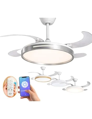 JARDIN202 - Ventilador de Techo con Aspas Retráctiles, Motor DC, Temporizador, Luz LED Regulable, Mando a Distancia, 6 Velocidades | 50 cm (Conil Wifi Plata)