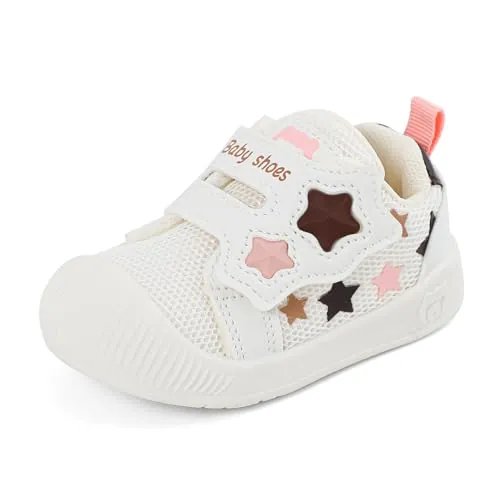 LACOFIA Zapatos Primeros Pasos Bebé Niñas Calzado Respetuoso Bebé Zapatillas Deporte con Suela Goma Antideslizante Bebé Blanco 22 EU(CN 20)