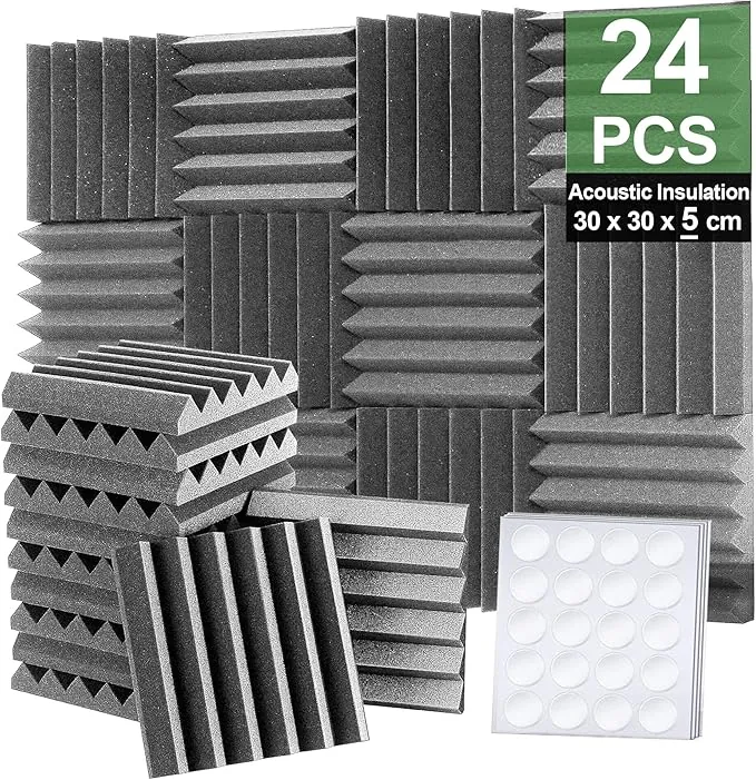 Foneso Espuma Acústica, 30x30x5 cm (Densidad: 25 kg/m³) pared Absorbente de Sonido de alta Densidad 3D, Materiales de Aislamiento Acústico para Salas de Grabación y Oficinas (24 Piezas, Gris)