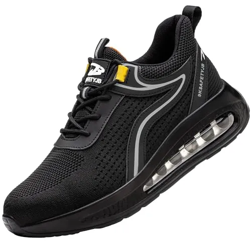 TOLHE Zapatos de Seguridad para Hombre, Zapatillas de Trabajo con Puntera de Acero, Calzado de Seguridad Ligeros, Calzado Seguridad Deportivo Transpirable Negro Plata 43EU