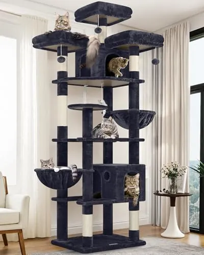 Globlazer Rascador para Gatos XXL 209 cm con 3 Perchas Acolchadas, 2 Nidos, 2 Cesta, Grande Plataformas, Juguetes de Peluche, Lujo Árbol Rascador para 3-5 Gatos Adultos Interior (F82, Gris Oscuro)