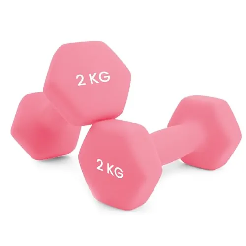 unycos - Par de Mancuernas Antideslizantes de Neopreno, Pesas【2 kg】Ergonómicas con Diseño Hexagonal y Anti-Rodadura, Resistentes, Ideales para Entrenamiento de Fuerza y Gimnasio en Casa (Rosa)