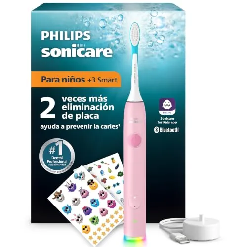 Philips Sonicare for Kids Cepillo eléctrico para niños - Cepillo de dientes sónico con app, a partir de 3 años, 2 modos suaves, temporizador de 2 minutos, 2 cabezales (estándar/mini), rosa, HX6600/11