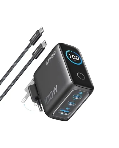 Anker Cargador USB C 100 W, Cargador de Pared GAN Compacto de 3 Puertos, Pantalla Inteligente, Control por Toque, Compatible con MacBook, iPad, Series iPhone 17/16/15