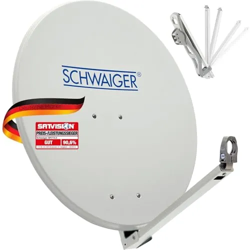 SCHWAIGER Antena parabólica I Ø 80 cm de aluminio Offset Antena en gris claro I Multifeed adecuado & resistente a la intemperie I Cuenco de satélite con brazo LNB y soporte de mástil I Potencia de