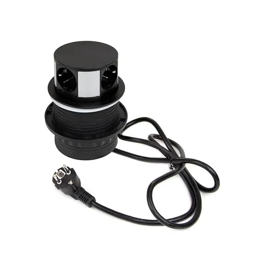 Emuca - Multiconector extraíble Vertikal Push diámetro 100mm, 3 enchufes Tipo Schuko, 1 USB Tipo A, 1 USB Tipo C, Acero y Plástico, Pintado Negro