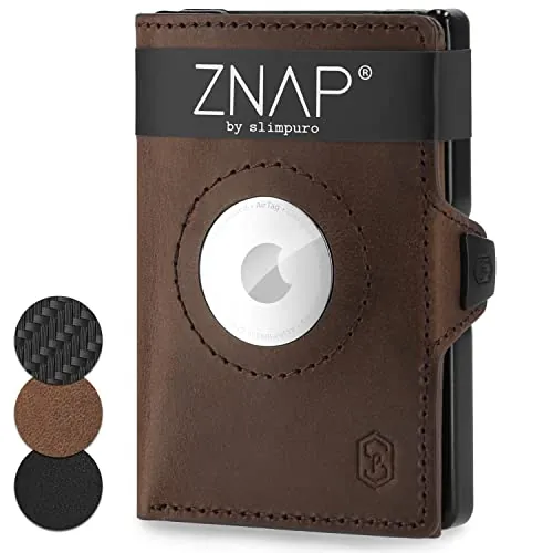 ZNAP Airtag Wallet de piel premium, tarjetero para hombre, monedero pequeño, bloqueo RFID y cartera delgada, billetera, 12 ranuras para tarjetas, color marrón, Minimalista
