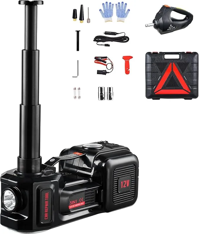 VEVOR Gato Eléctrico Portátil para Automóvil, 5 Toneladas, Gato de Tijera Eléctrico con Inflador Incorporado, 12 V con Llave de Impacto Eléctrica y Luz LED, para Sedán, SUV, Camión, 315 x 155 x 155 mm