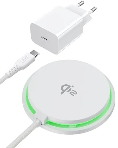 INIU Cargador Inalámbrico Blanco, 15W Wireless Base de Carga Rápida Certificado Qi2, Cargador Sin Cables para iPhone 16 Pro 15 14 13 12 Plus, con Cable USB-C y Adaptador Incluid