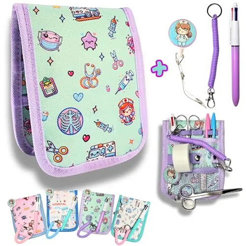 BASAMA ® Salvabolsillos Enfermeria +2 Porta Tijeras Enfermeria + Boligrafo de 4 Colores | Este Bolsillo Enfermera Organizador, es la Mejor Idea de Regalos para Enfermeras (Verde Morado)