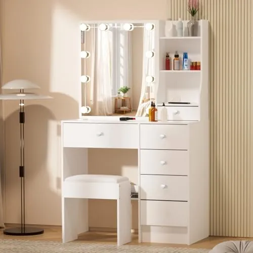 Tocador Blanco con Espejo Deslizante, Luz Regulable y Taburete 80x36x130 cm | Tocador de Maquillaje con 3 Colores de Luz y Brillo Ajustable, 6 Cajones + 6 Compartimentos, para Dormitorio