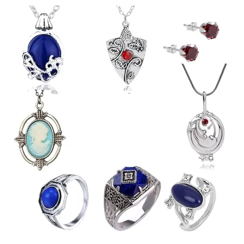 XHBTS Juego de 19 collares con colgante de cristal de zafiro de Katherine de The Vampire Diaries Daywalking y 10 calcomanías de vampiro