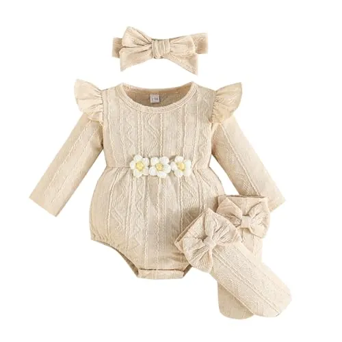 Kunyeah 3Pcs Bebé Niña Trajes Mono de manga larga con volantes para bebé + cinta para el pelo con lazo + calcetines Mono de flores para recién nacido (Beige, 0-3 Meses)