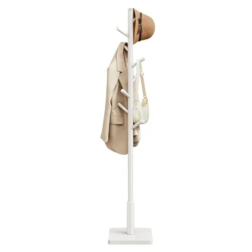 VASAGLE Perchero, Madera Maciza, en Forma de Árbol, 8 Ganchos para Chaquetas, Sombreros, para Pasillo, Ganchos y Barra de Soporte de Madera de Caucho, Blanco Nube RCR010W02