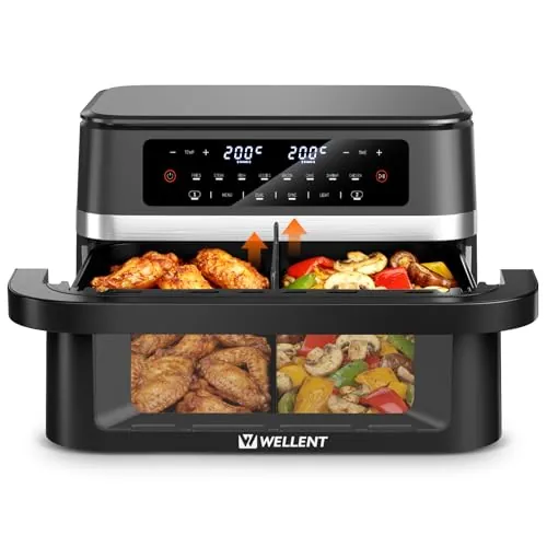 WELLENT Freidora Aire 12L 2950W Doble Zona con Divisor Extraíble, 8 en 1 Air Fryer con Función de Sincronización & Recordatorio de Agitación & Ventana de Visualización