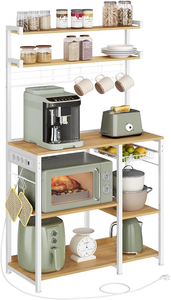 VASAGLE Estantería de Cocina con Enchufes, Estantería de Panadería, Barra de Café, 8 Ganchos en S, Cesta, Especiero, 40 x 90 x 165,5 cm, Roble Dorado y Blanco Nube KKS031Y19