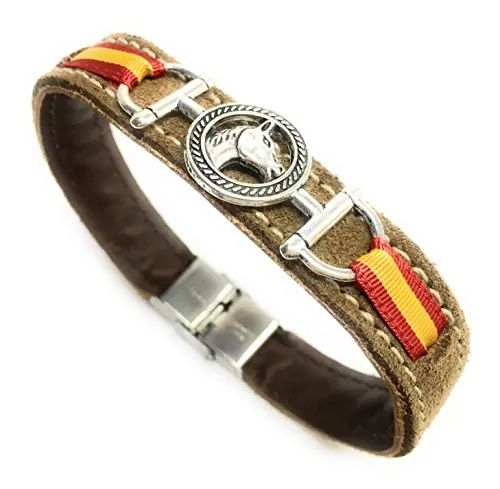 YOJAN PIEL | Pulsera De Cuero Caballo y Bandera España (MARRÓN) | Complementos de Moda Unisex para Hombres y Mujeres de Estilo Atemporal y Elegante | Regalos Originales y Exclusivos