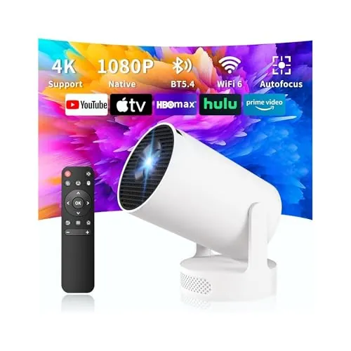 AILRINNI Proyector 4K, WiFi 6 y Bluetooth 5.4, 5W Altavoz Hi-Fi Externo, Mini Proyector Portátil, 180° Rotación, Corrección Trapezoidal Automática, Compatible con HD-MI/TV Stick/Memory Stick/Phone