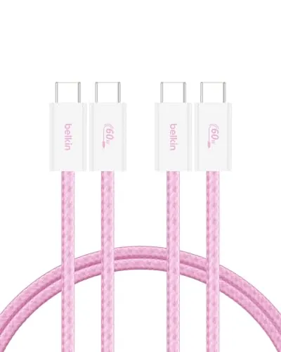Belkin Paquete de 2 Cables Trenzados USB-C a USB-C de 1,5 m (60 W), Carga rápida,Cables de alimentación Suaves y Flexibles USB Tipo C para iPhone 17 y 16, Galaxy S25, Pixel 10, iPad Pro y Otros, Rosa
