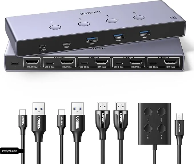 UGREEN HDMI 2.1 KVM Switch 4 In 1 out 8K@60Hz USB 3.0, Conmutador de 4 Puertos USB 3.0 para Compartir 2 PC 1 Monitor, Teclado, Mouse, Impresora y Disco Duro