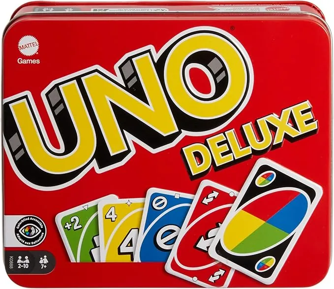 Mattel Games UNO Deluxe en Caja metálica, Juego de 108 Cartas para familias, niños y Adultos, 2-10 Jugadores, Partir de 7 años, (Mattel K0888)