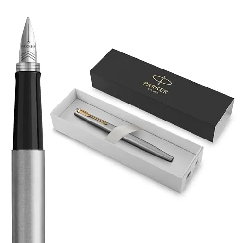 Parker Jotter pluma estilográficacuerpo de acero inoxidable con adorno doradoplumín mediano y tinta azulen estuche de regalo