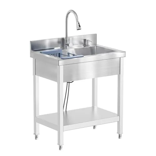 RiveraSink Fregadero de cocina independiente 70×50×80cm Autoportante con Grifo Extraíble 3 Modos, Panel Antisalpicaduras y Cesta Escurridora, Fregadero 1 Seno para Cocina, Hostelería y Exterior