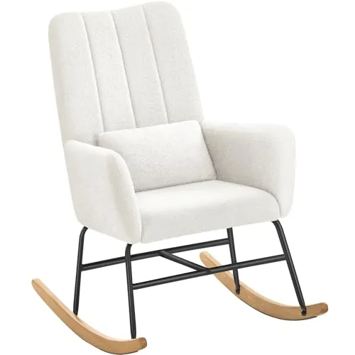 SONGMICS HOME Silla Mecedora, con Reposabrazos, Reclinable, Cubierta de Vellón, Marco de Acero, Patas de Madera de Caucho, Carga de 160 kg, para Dormitorio, Salón, Blanco Crema LYY500W01