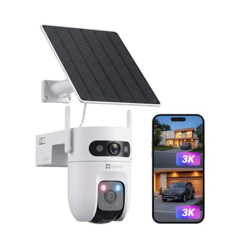 EZVIZ Cámara Vigilancia Exterior Solar Wi-Fi Sin Cables, 3K Doble Lente (5MP+5MP), Visión 360°, Modo AOV Grabación 24/7, Visión Nocturna Color, Detección IA Personas/Vehículos, Panel 8W, CB9c Dual
