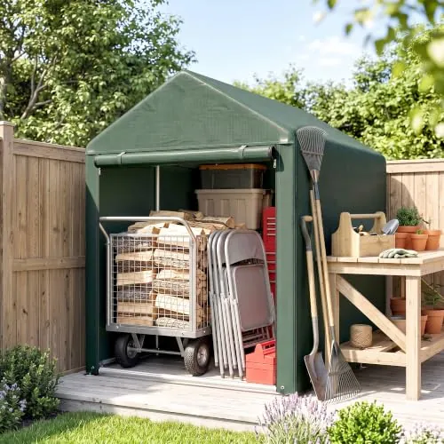 Outsunny Carpa de Jardín Exterior 2 Habitaciones 1,2x1,8x1,65 m Verde | para Herramientas de Jardinería, Cobertizo Exterior, Puerta Enrollable con Cremallera, Impermeable Anti-UV, Garaje Portátil