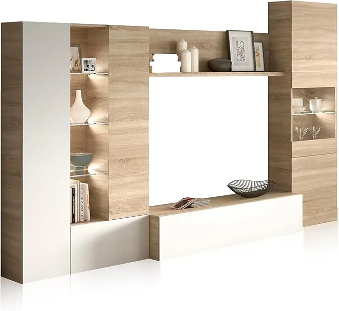 duehome | Mueble de Comedor con Leds, Mueble Salon, Modelo Vinter Leds, Acabado en Blanco Brillo y Roble Canadian, Medidas: 260 cm (Ancho) x 185 cm (Alto) x 42 cm (Fondo)