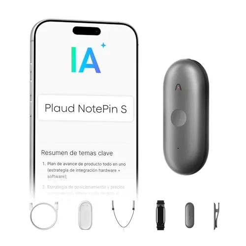 Plaud NotePin S Grabadora de Voz IA con botón de grabación táctil Transcripción IA Resúmenes Tomar Notas Transcripción Resumen IA para Reuniones Llamadas Entrevistas Charlas Clases con 4 Accesorios