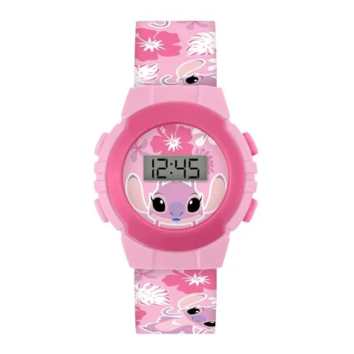Disney Lilo y Stitch Angel Reloj digital de cuarzo con correa de silicona tropical rosa LAS4141ARG