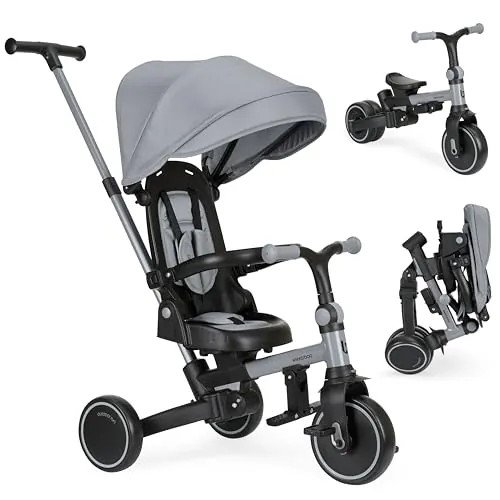 KikkaBoo Triciclo Evolutivo ALUMA 8 en 1, Triciclo Bebé Plegable con Manillar Padres, Asiento Reversible, Capota Ajustable, Arnés 5 Puntos, Marco Aluminio, Gris
