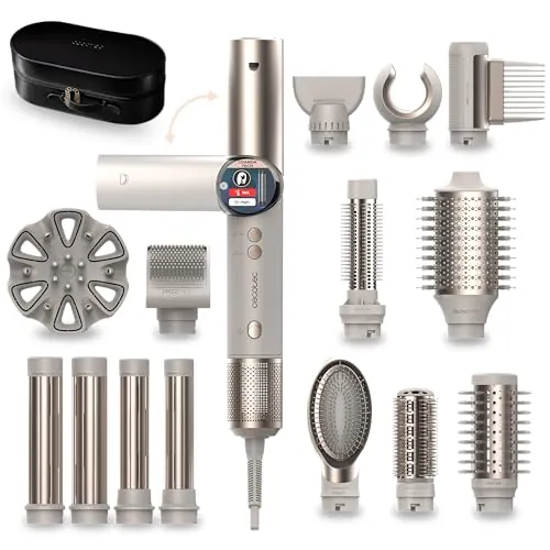 Cecotec Cepillo de Aire Moldeador Multifunción - 14 Cabezales y Mango Flexible AirGlisse 14in1 Flex Champagne. 1400W, 110000RPM, Tecnología Coanda, Motor Brushless, Revestimiento Cerámica y Queratina