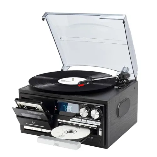 9 en 1 Tocadiscos con Bluetooth, giradiscos de 3 velocidades con altavoces integrados, tocadiscos con conexión de audio de 3,5 mm, CD/cassette, radio AM/FM, USB/SD/MMC, Negro sólido