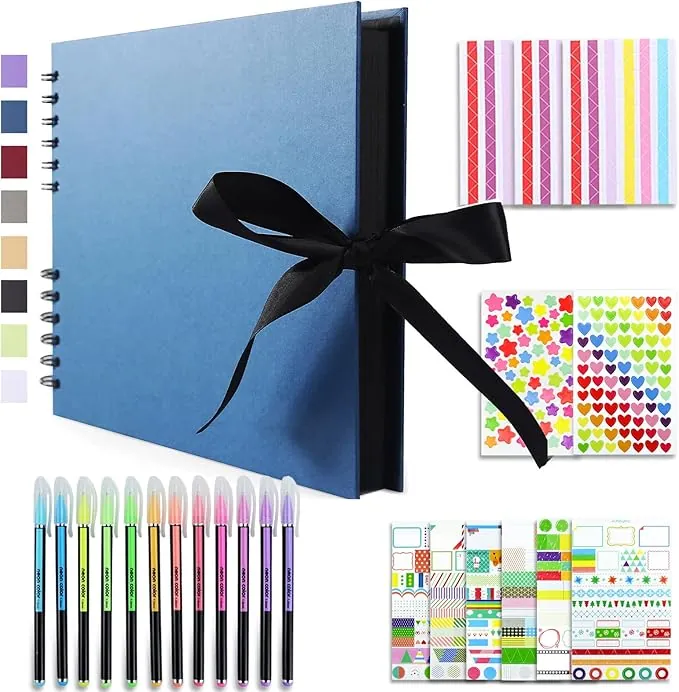 Vienrose Álbum de Fotos Scrapbook 10x15 cm Álbum de Recortes para Pegar y Escribir 80 Negra Páginas Espiral DIY Regalos de Boda Aniversario Bebé Cumpleanos Familiares Navidad, 28,5x21cm, Azul Marino