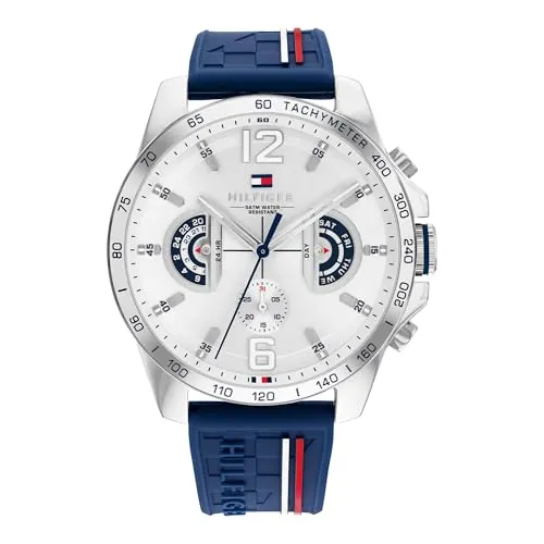 Tommy Hilfiger Reloj Analógico Multifuncional de Cuarzo para Hombres con Correa de Silicona, Acero Inoxidable o Cuero, Subesferas para Día y Fecha, Resistente al Agua hasta 5ATM.