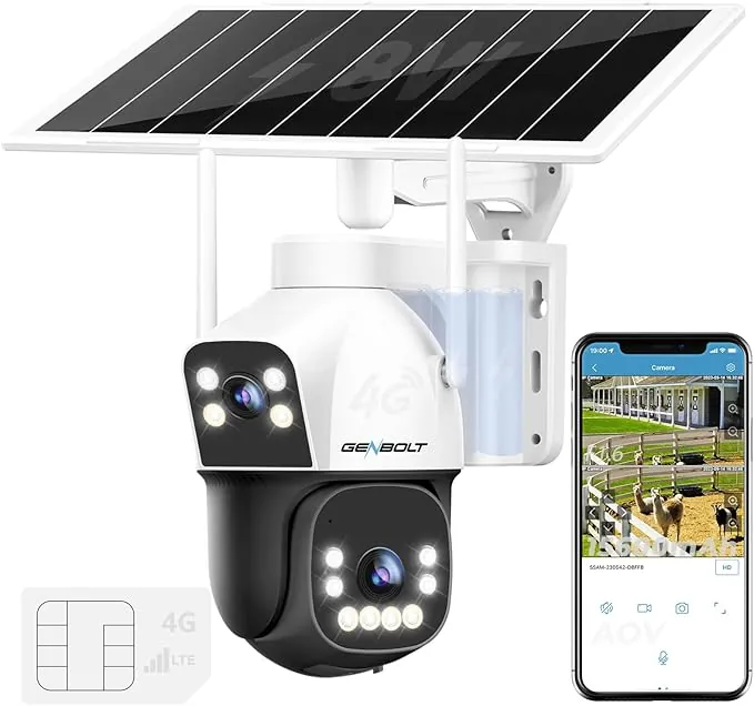 GENBOLT 4G AOV Solar Cámara Vigilancia Exterior Inalámbrica, Grabación 24/7 3MP+3MP Cámara IP Seguridad Exterior con Detección de IA de Tarjeta SIM Batería 15600mAh 8W, CCTV Cámaras Seguridad