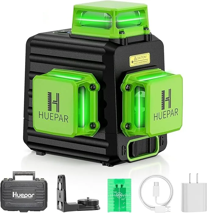 Huepar B03CG 3X360 Nivel Láser Verde 12 Líneas, MODO DE PULSO, Batería de Litio Recargable USB, Autonivelante Cruzado, 360 Líneas Vertical/Horizontal Conmutables, Base Magnético+Bolsa Portátil
