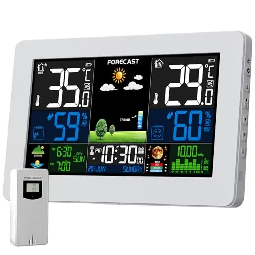 Estación Meteorológica para Casa con Sensor Digital, Pantalla a Color Reloj Hora Temperatura Humedad Pronóstico del Tiempo Barómetro Termómetro Higrómetro
