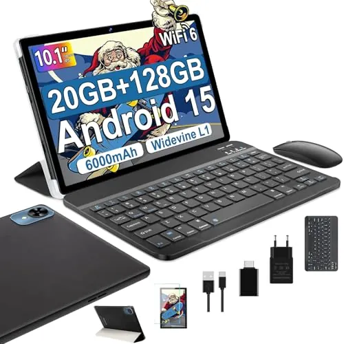 Tablet 10 Pulgadas Android 15, 20GB+128GB con Funda, Teclado y Ratón-Negro