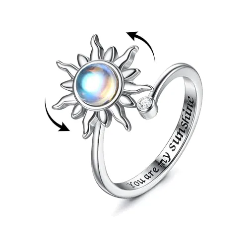 MILACOLATO Anillo Ansiedad Giratorio para Mujer Niña Plata Abiertos Ajustable Anillo Antiestres Flor De Girasol Piedra Luna Estrella Loto Ópalo Sol Fidget Anxiety Ring Personalizado Sol azul