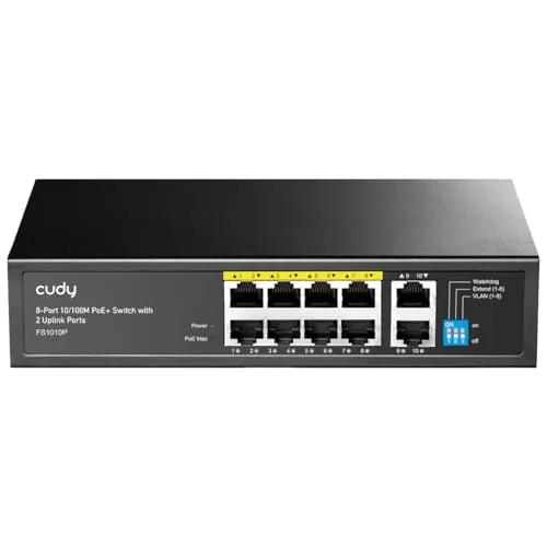 Cudy Conmutador de 10 puertos 10/100 Mbps PoE+ no gestionable, FS1010P | 8 puertos 802.3af/at FE, 2 puertos FE de salida, capacidad de 2 Gbps, aislamiento de puertos/modo 250 m mediante DIP