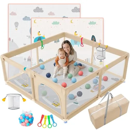 JUPPLIES Parque Infantil Bebe 120x120cm + Alfombra Bebe + Agarraderas + Canasta + 50 Bolas + Bolsas de Transporte | Corralito Bebe con Malla Transpirable (Beige)