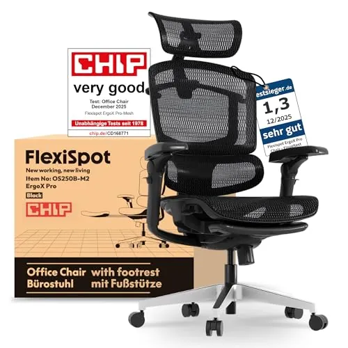 FLEXISPOT ErgoX Pro Silla de Oficina Ergonómica con Reposapiés, Ajuste Altura 12 Niveles, Reposabrazos 7D, Soporte Lumbar 5D, Reposacabezas 4D, Carga 250 kg, Asiento Malla Transpirable, Negro