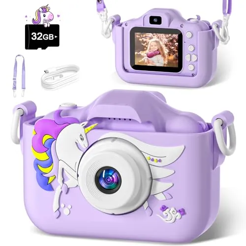 Camara Fotos Infantil,cámara Digital Infantil CIMELR, Juguetes niños de 3 a 12 años,Camara Fotos niños, Regalos de cumpleaños y Vacaciones para niños.Incluye Tarjeta TF 32 GB(Púrpura-A02)